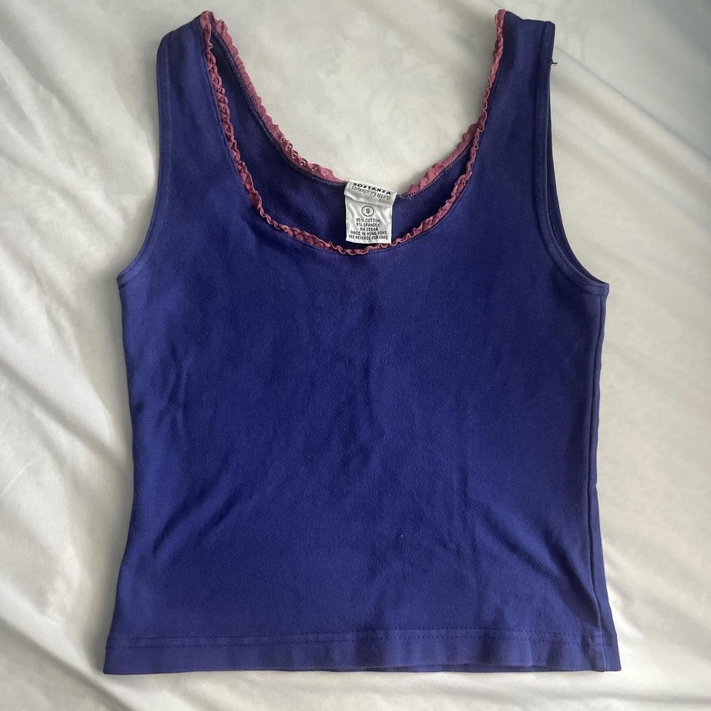 Dark Purple Cotton Tank With Pink Lace Trim, Size S
